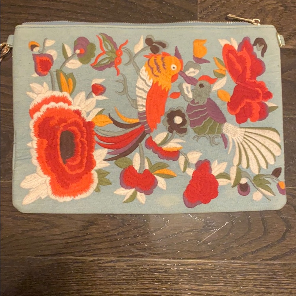 Embroidered denim clutch